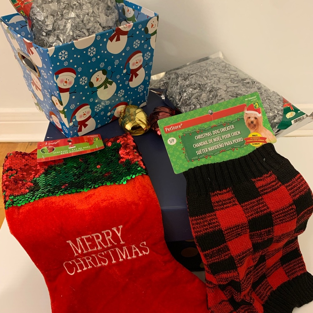 Large Holiday Box, 2 stuffing, 1 small basket, ribbons, stocking + dog sweater
